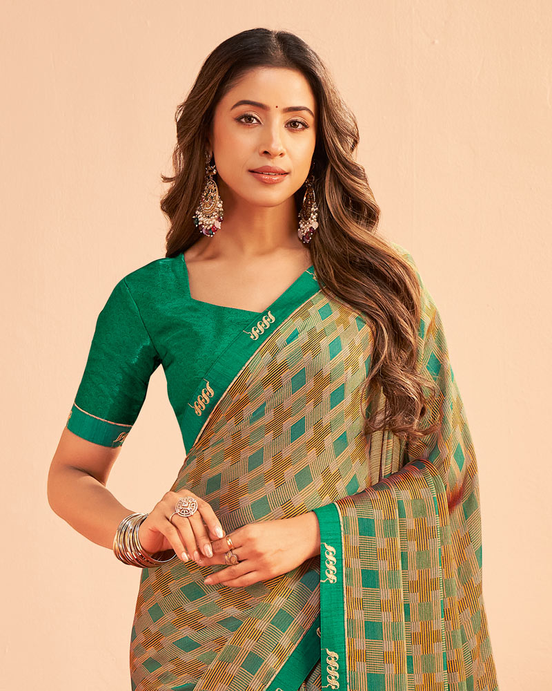 Vishal Prints Spring Green And Salmon Orange Printed Chiffon Saree With Fancy Embroidery Border