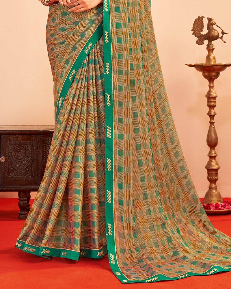 Vishal Prints Spring Green And Salmon Orange Printed Chiffon Saree With Fancy Embroidery Border