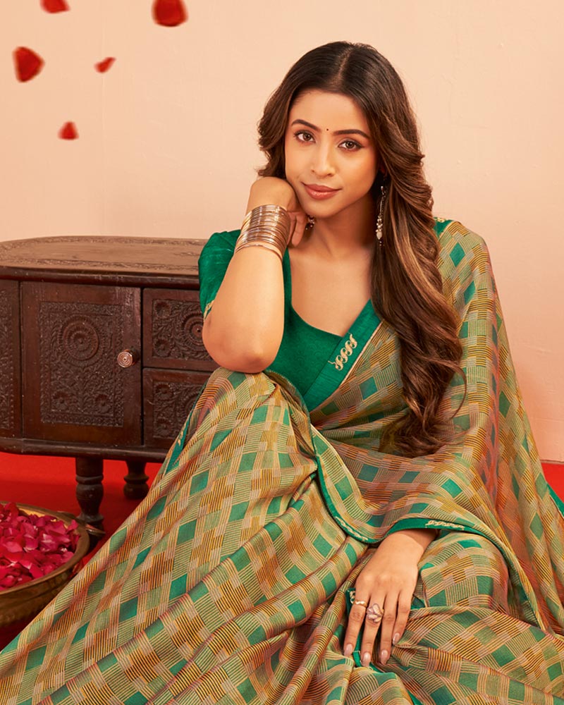 Vishal Prints Spring Green And Salmon Orange Printed Chiffon Saree With Fancy Embroidery Border