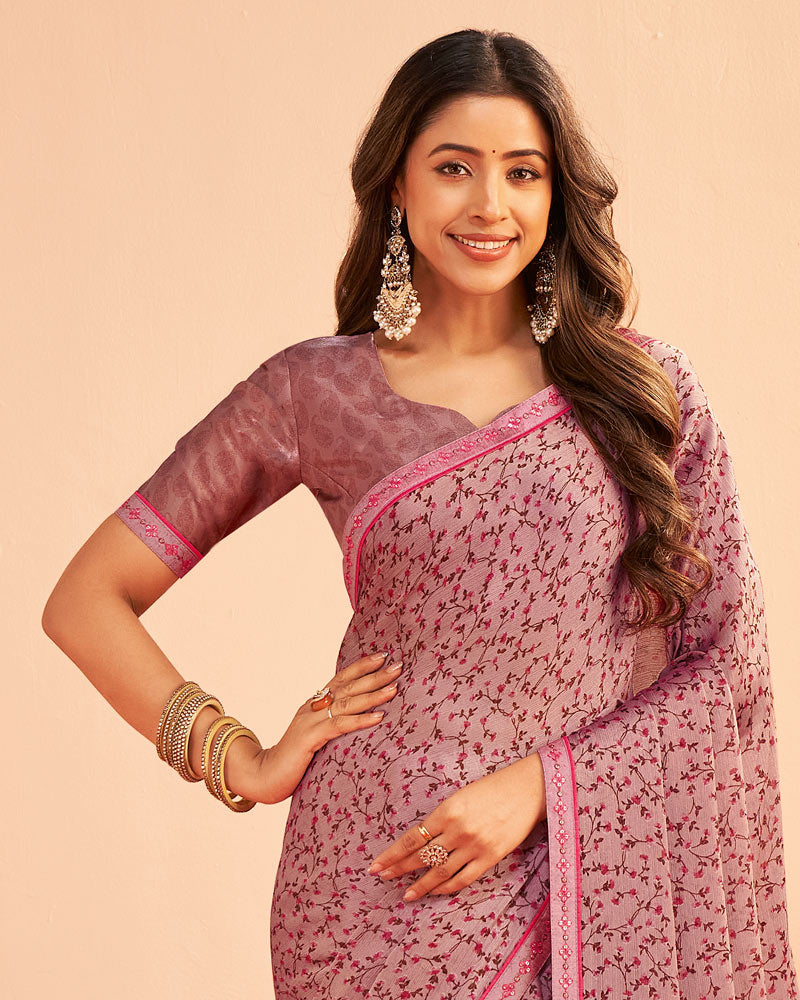 Vishal Prints Dusty Grey Pink Printed Chiffon Saree With Fancy Embroidery Border