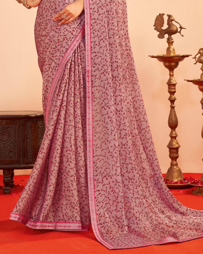 Vishal Prints Dusty Grey Pink Printed Chiffon Saree With Fancy Embroidery Border