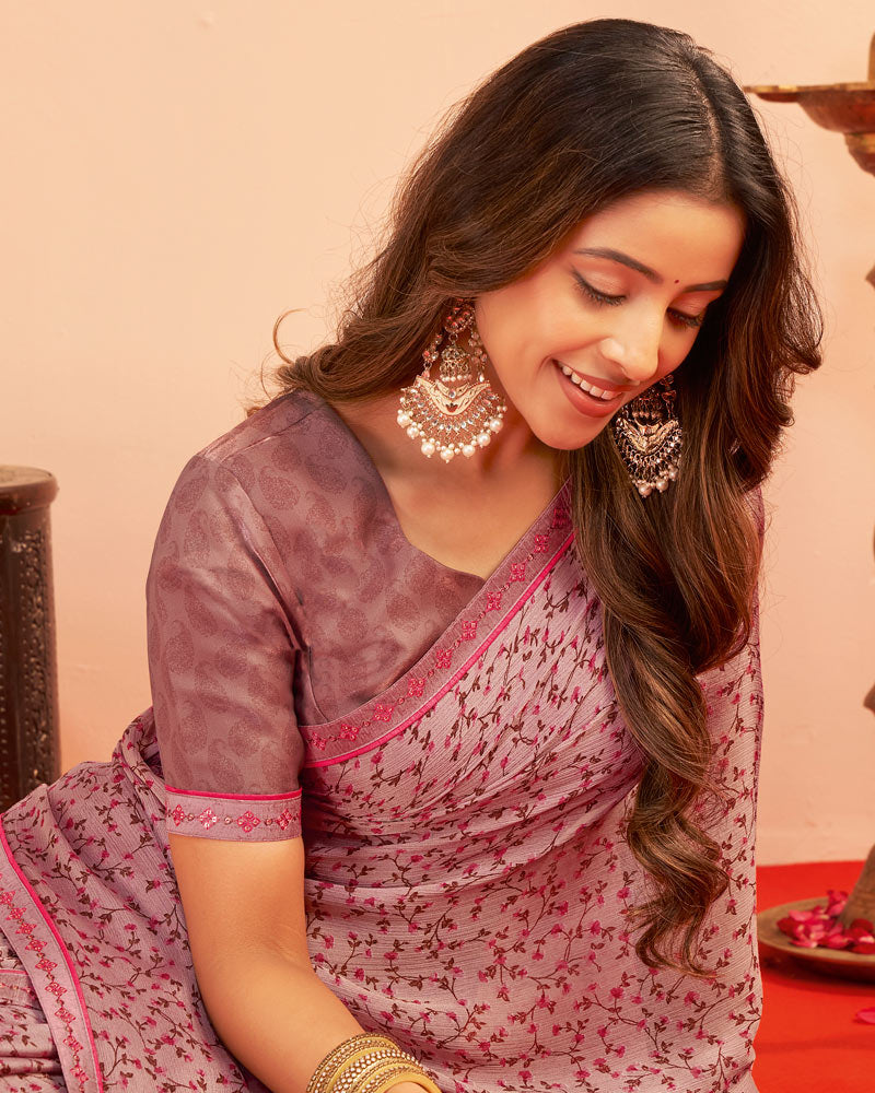 Vishal Prints Dusty Grey Pink Printed Chiffon Saree With Fancy Embroidery Border