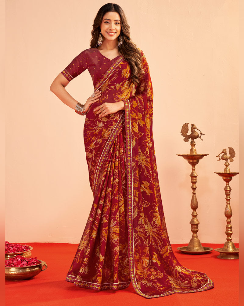 Vishal Prints Dark Maroon Printed Chiffon Saree With Fancy Embroidery Border