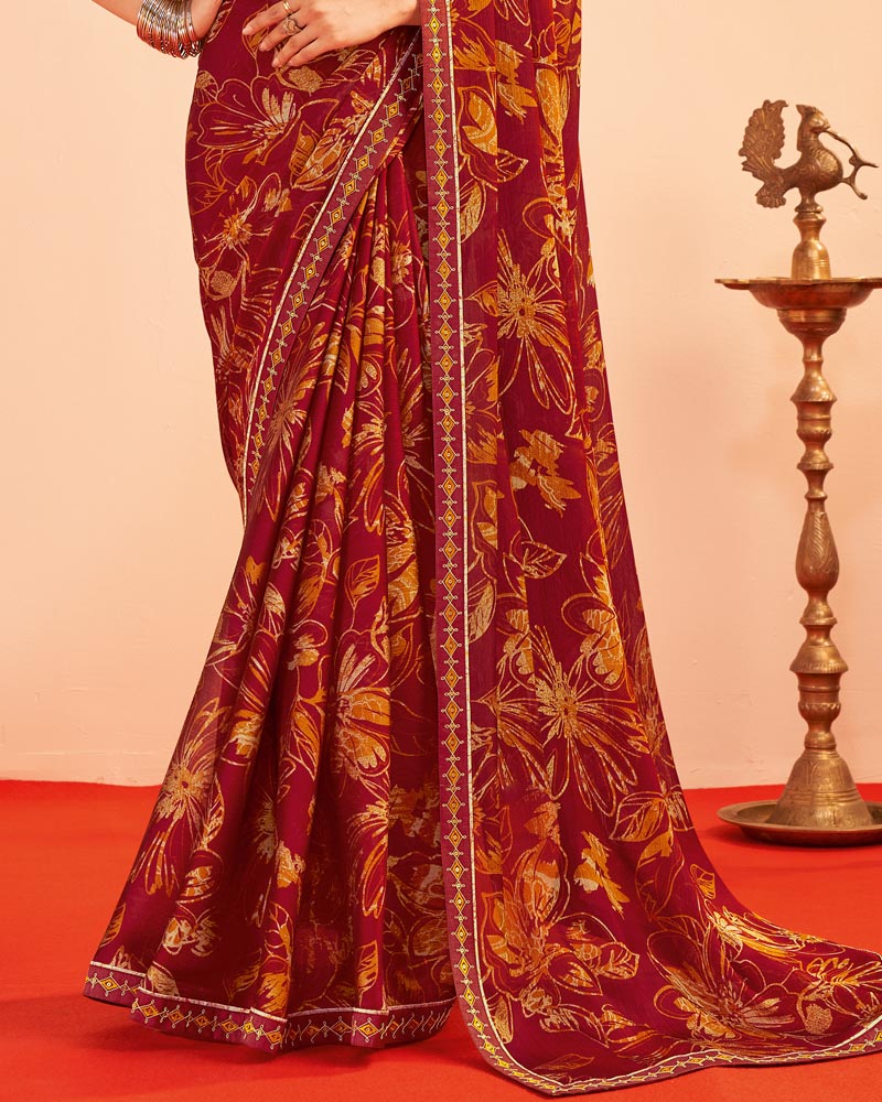 Vishal Prints Dark Maroon Printed Chiffon Saree With Fancy Embroidery Border