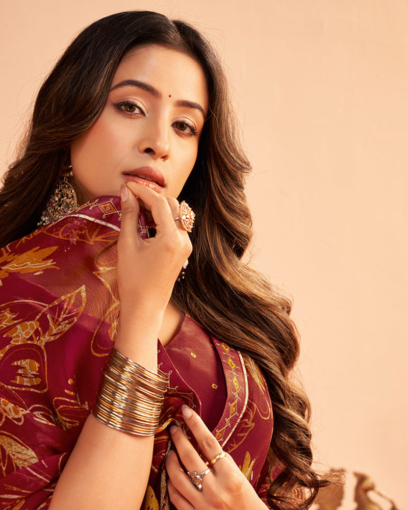 Vishal Prints Dark Maroon Printed Chiffon Saree With Fancy Embroidery Border