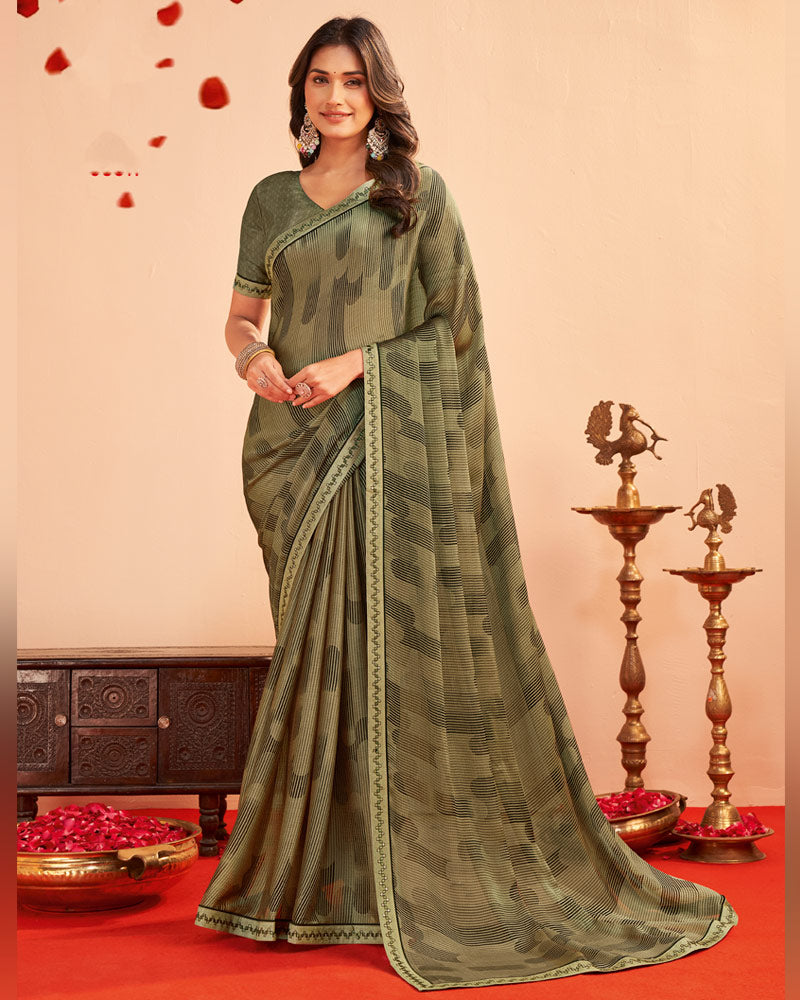 Vishal Prints Pastel Brown Printed Chiffon Saree With Fancy Embroidery Border