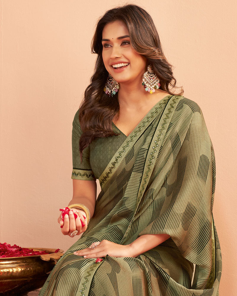 Vishal Prints Pastel Brown Printed Chiffon Saree With Fancy Embroidery Border