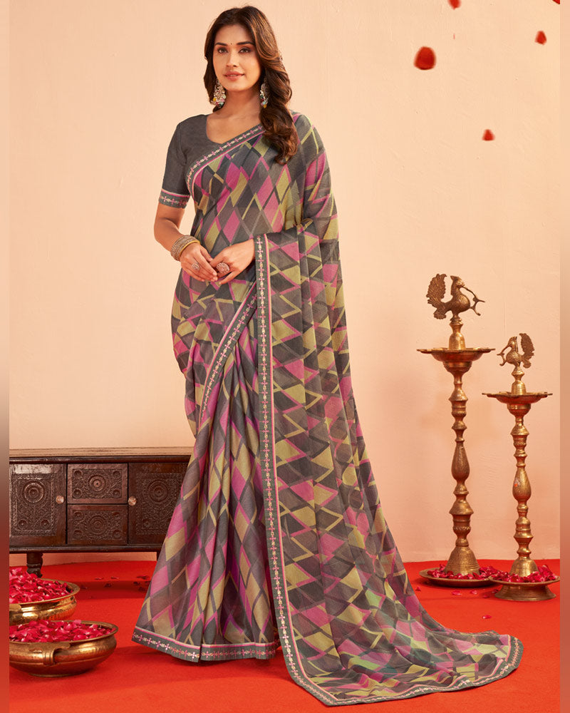 Vishal Prints Dusty Brown Printed Chiffon Saree With Fancy Embroidery Border