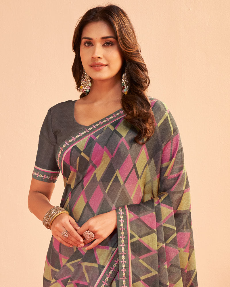 Vishal Prints Dusty Brown Printed Chiffon Saree With Fancy Embroidery Border
