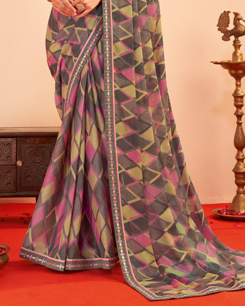 Vishal Prints Dusty Brown Printed Chiffon Saree With Fancy Embroidery Border