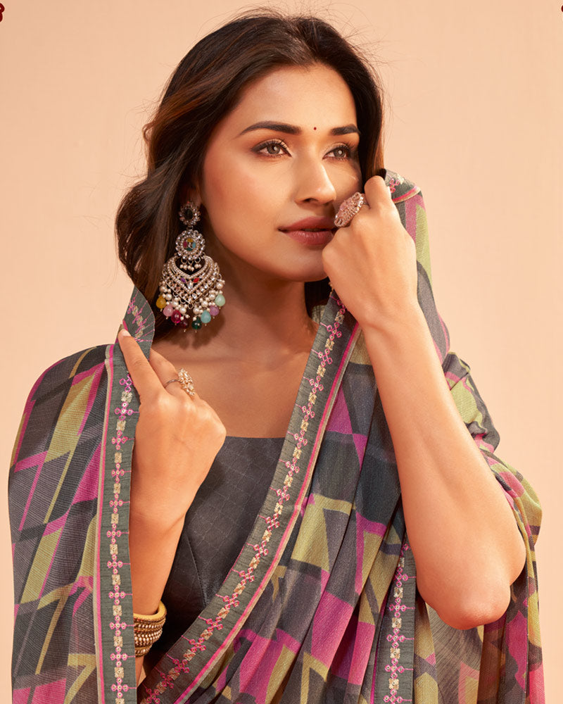 Vishal Prints Dusty Brown Printed Chiffon Saree With Fancy Embroidery Border