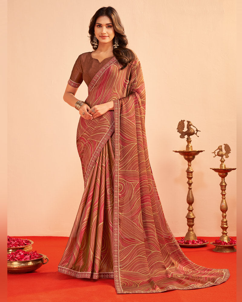 Vishal Prints Burnt Orangey Red Printed Chiffon Saree With Fancy Embroidery Border
