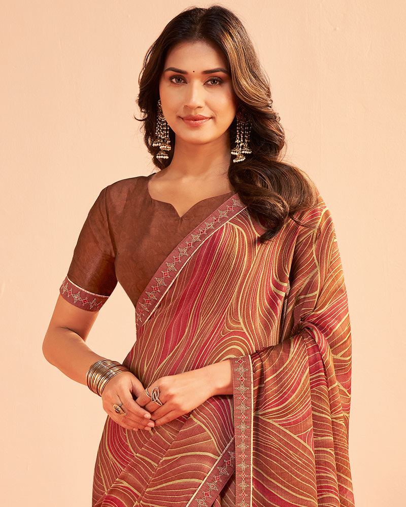 Vishal Prints Burnt Orangey Red Printed Chiffon Saree With Fancy Embroidery Border