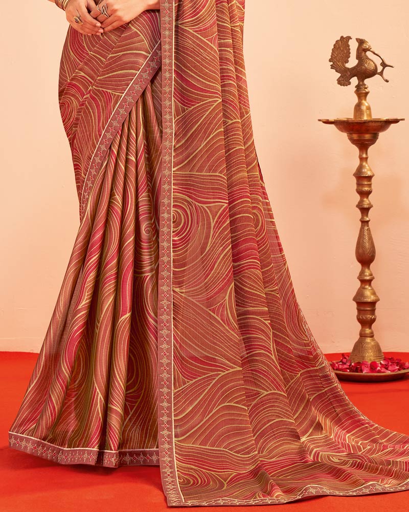 Vishal Prints Burnt Orangey Red Printed Chiffon Saree With Fancy Embroidery Border