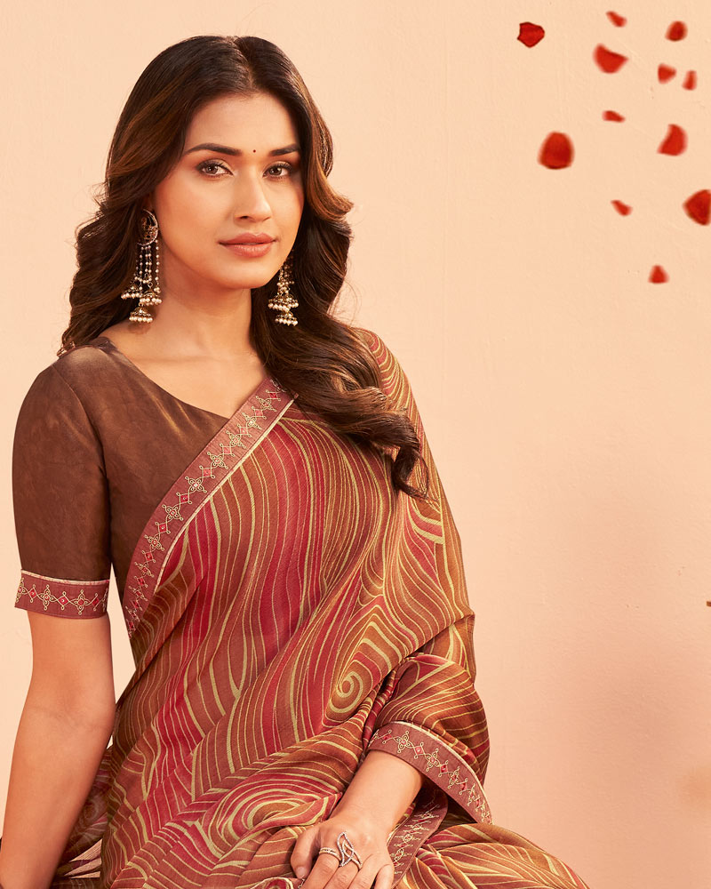 Vishal Prints Burnt Orangey Red Printed Chiffon Saree With Fancy Embroidery Border