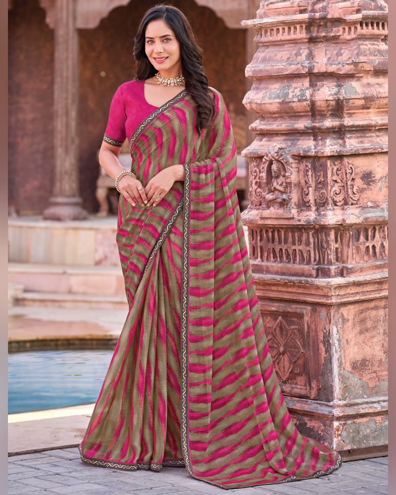 Vishal Prints Dusty Brown And Burnt Pink Printed Chiffon Saree With Fancy Border