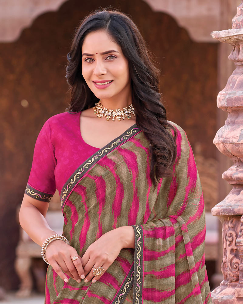 Vishal Prints Dusty Brown And Burnt Pink Printed Chiffon Saree With Fancy Border