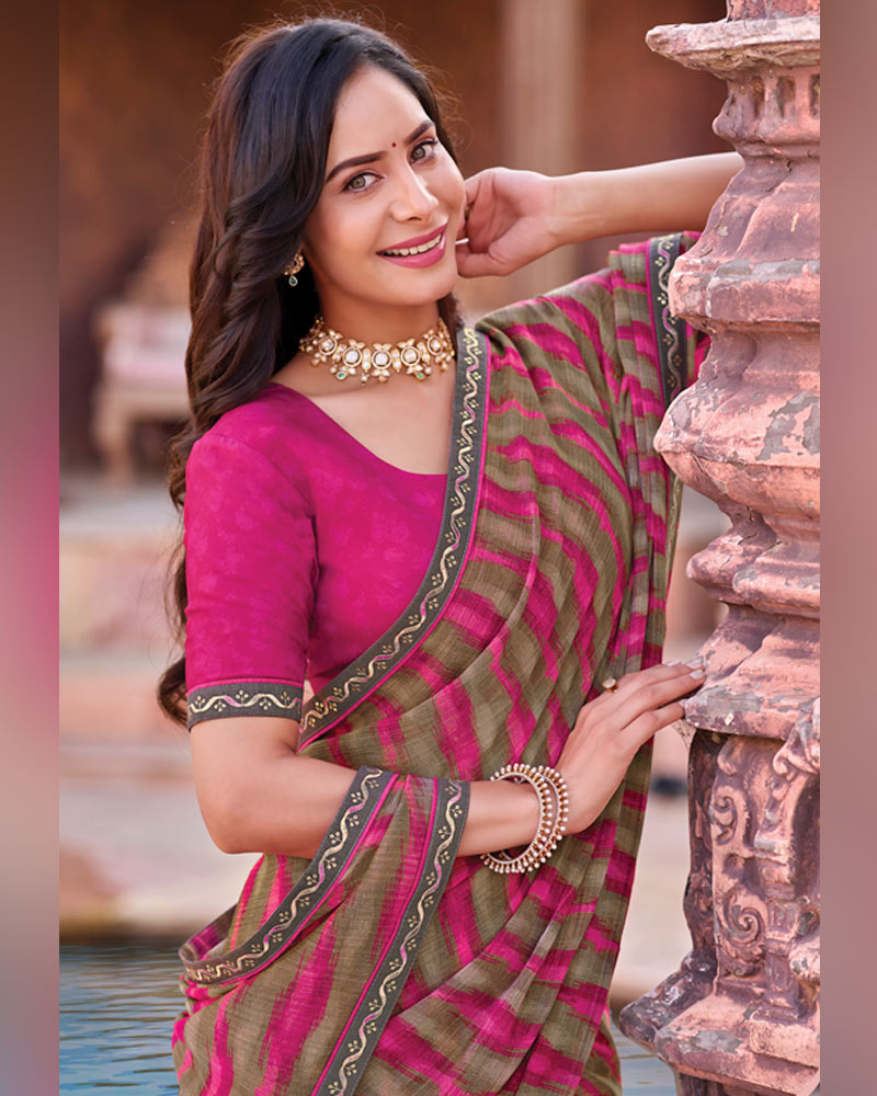 Vishal Prints Dusty Brown And Burnt Pink Printed Chiffon Saree With Fancy Border