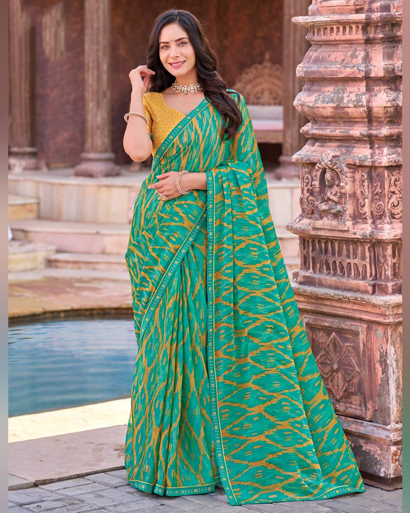 Vishal Prints Persian Green Printed Chiffon Saree With Fancy Border