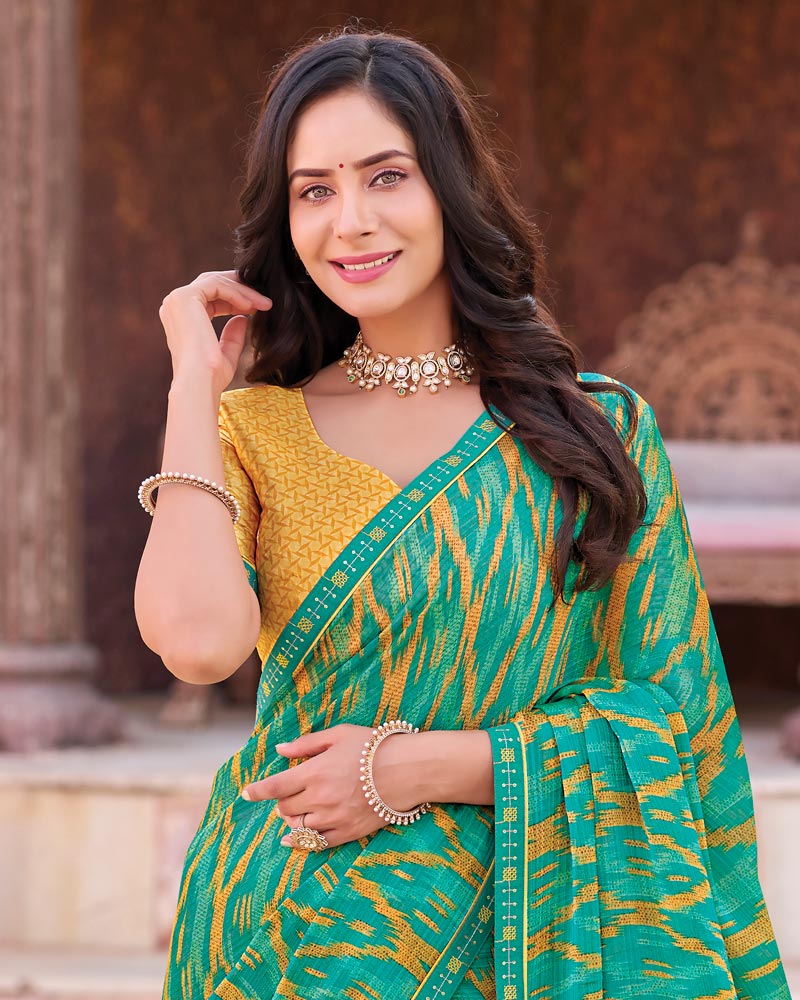Vishal Prints Persian Green Printed Chiffon Saree With Fancy Border