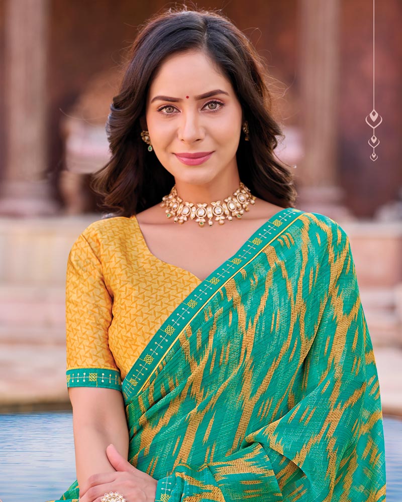 Vishal Prints Persian Green Printed Chiffon Saree With Fancy Border