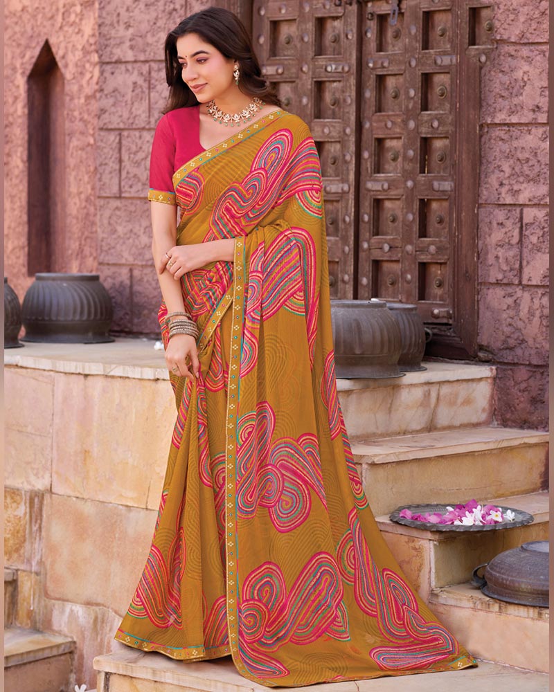 Vishal Prints Brownish Orange Printed Chiffon Saree With Fancy Border