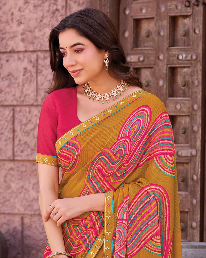 Vishal Prints Brownish Orange Printed Chiffon Saree With Fancy Border