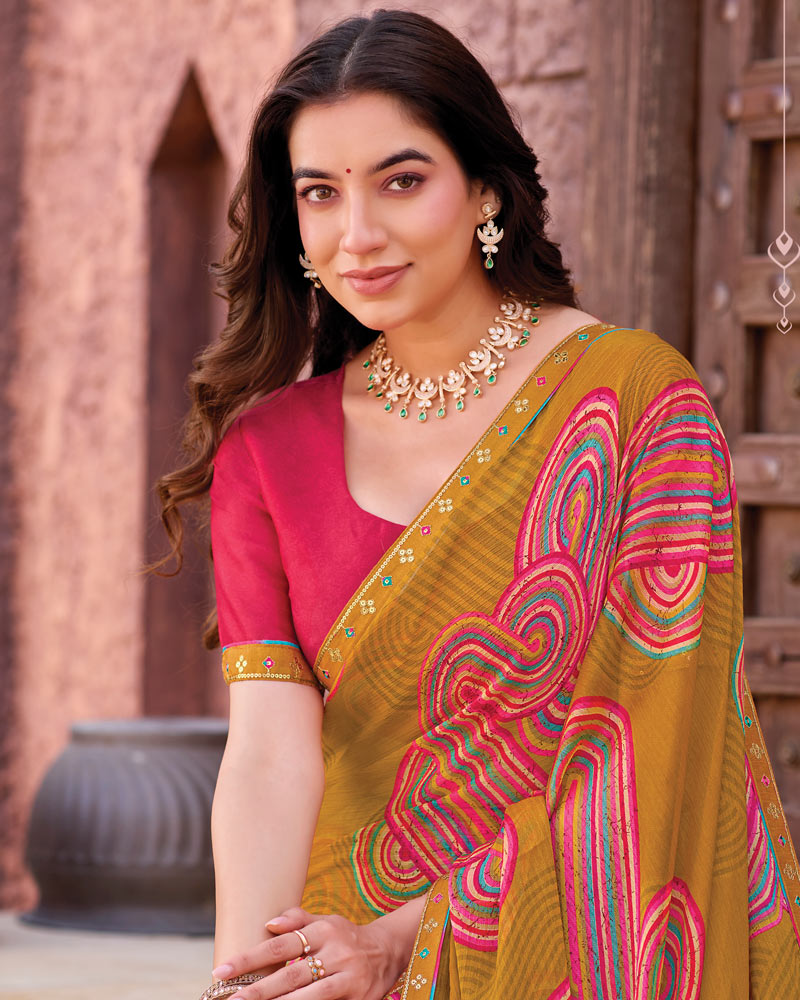 Vishal Prints Brownish Orange Printed Chiffon Saree With Fancy Border