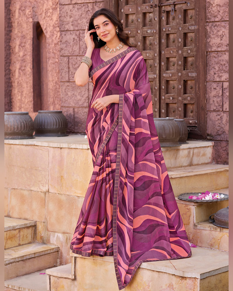 Vishal Prints Dark Wine Berry Printed Chiffon Saree With Fancy Border