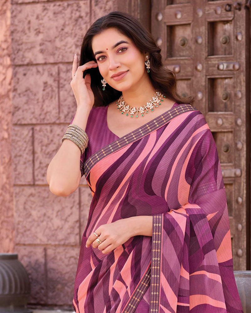 Vishal Prints Dark Wine Berry Printed Chiffon Saree With Fancy Border