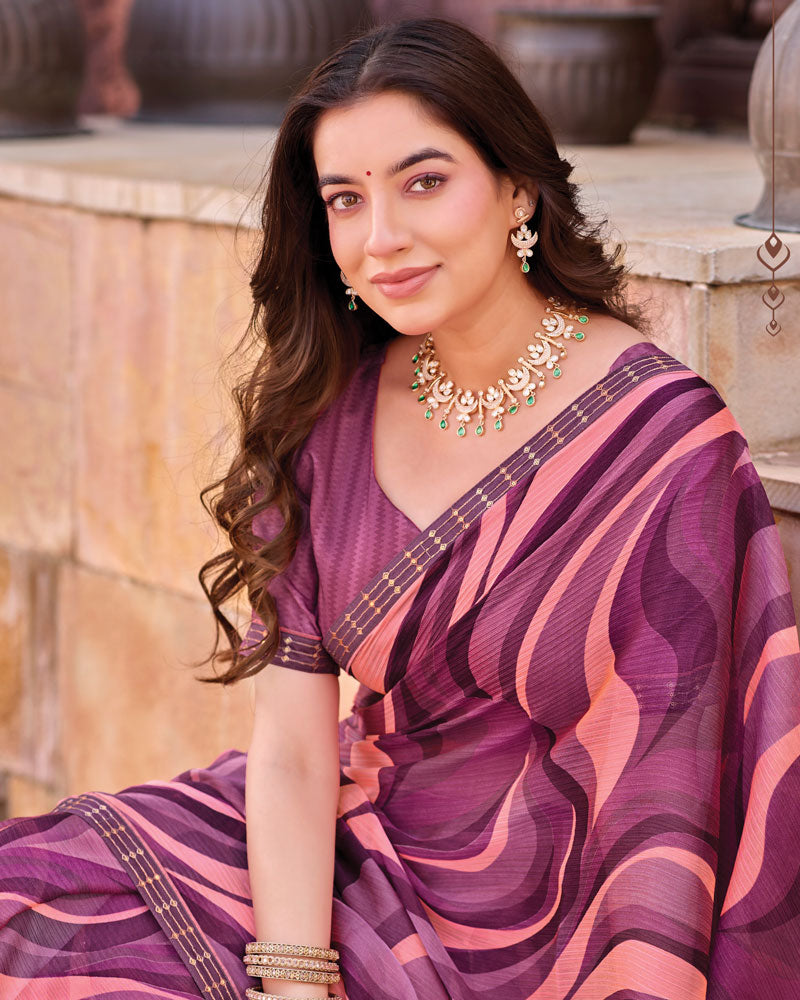 Vishal Prints Dark Wine Berry Printed Chiffon Saree With Fancy Border