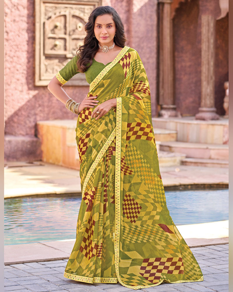 Vishal Prints Olive Yellow Printed Chiffon Saree With Fancy Border