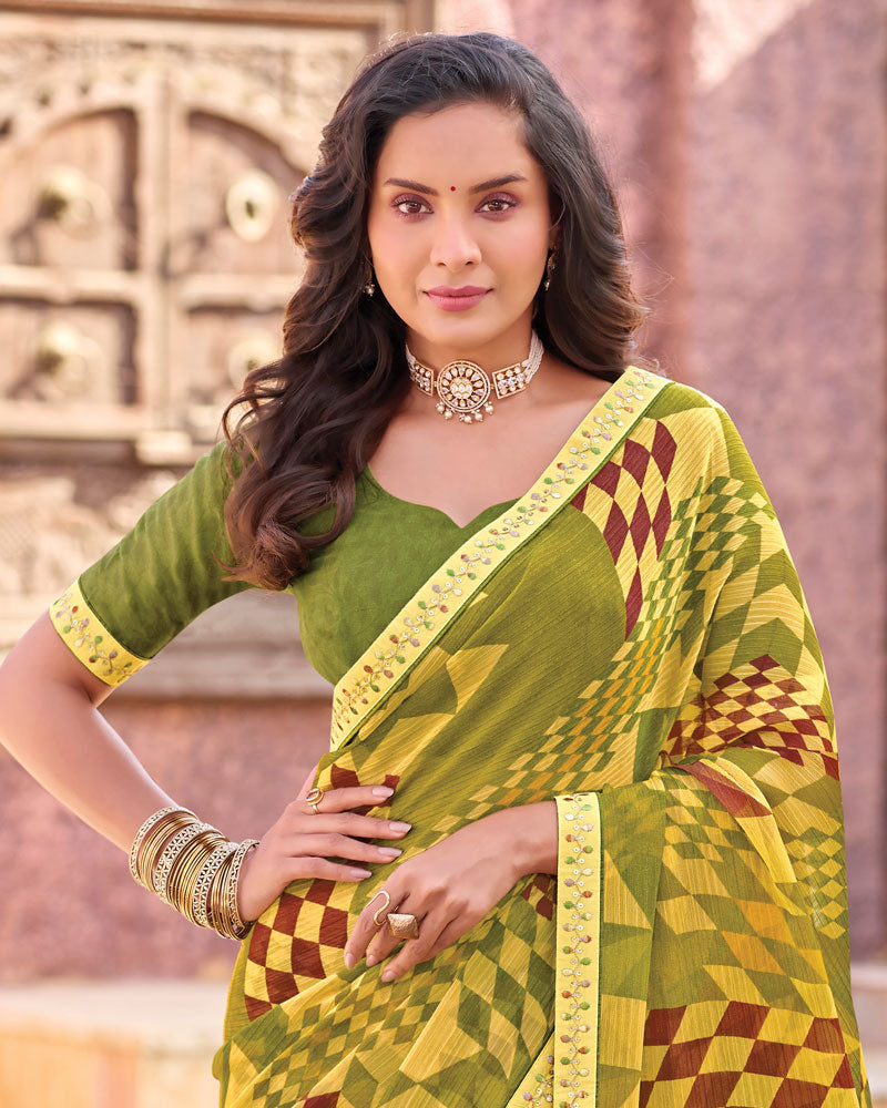 Vishal Prints Olive Yellow Printed Chiffon Saree With Fancy Border