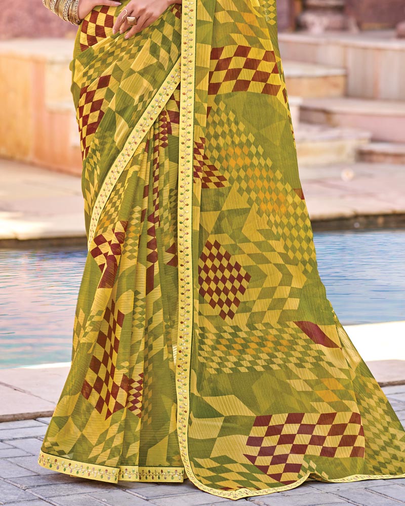 Vishal Prints Olive Yellow Printed Chiffon Saree With Fancy Border