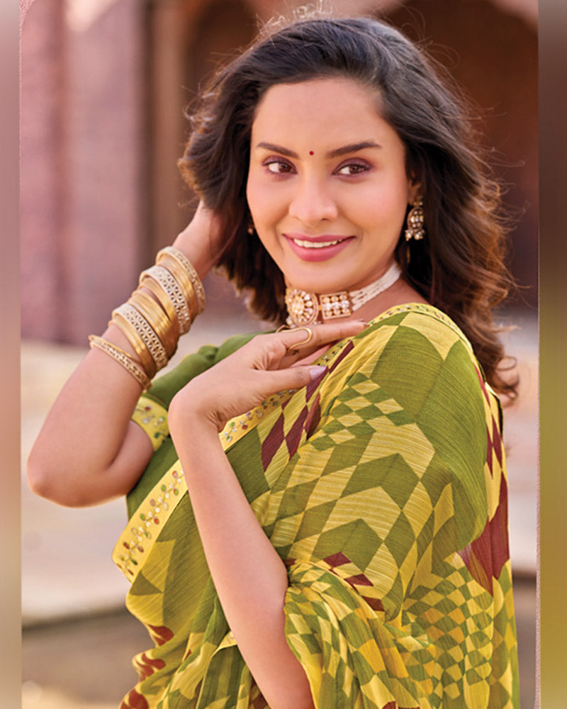 Vishal Prints Olive Yellow Printed Chiffon Saree With Fancy Border