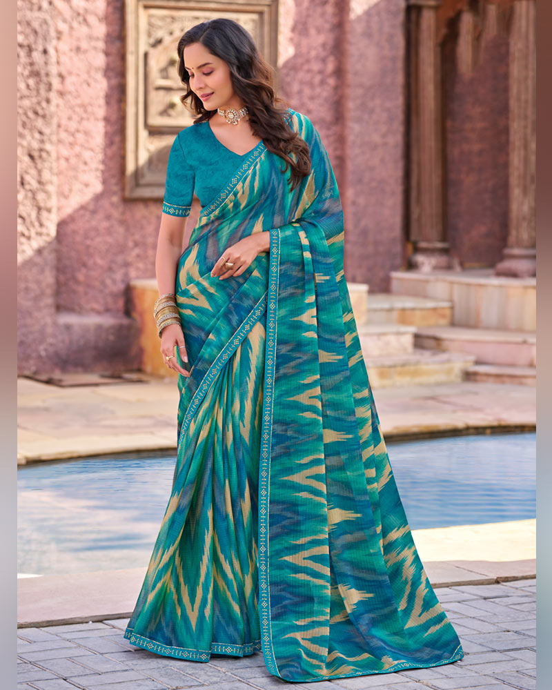 Vishal Prints Teal Green And Teal Blue Printed Chiffon Saree With Fancy Border
