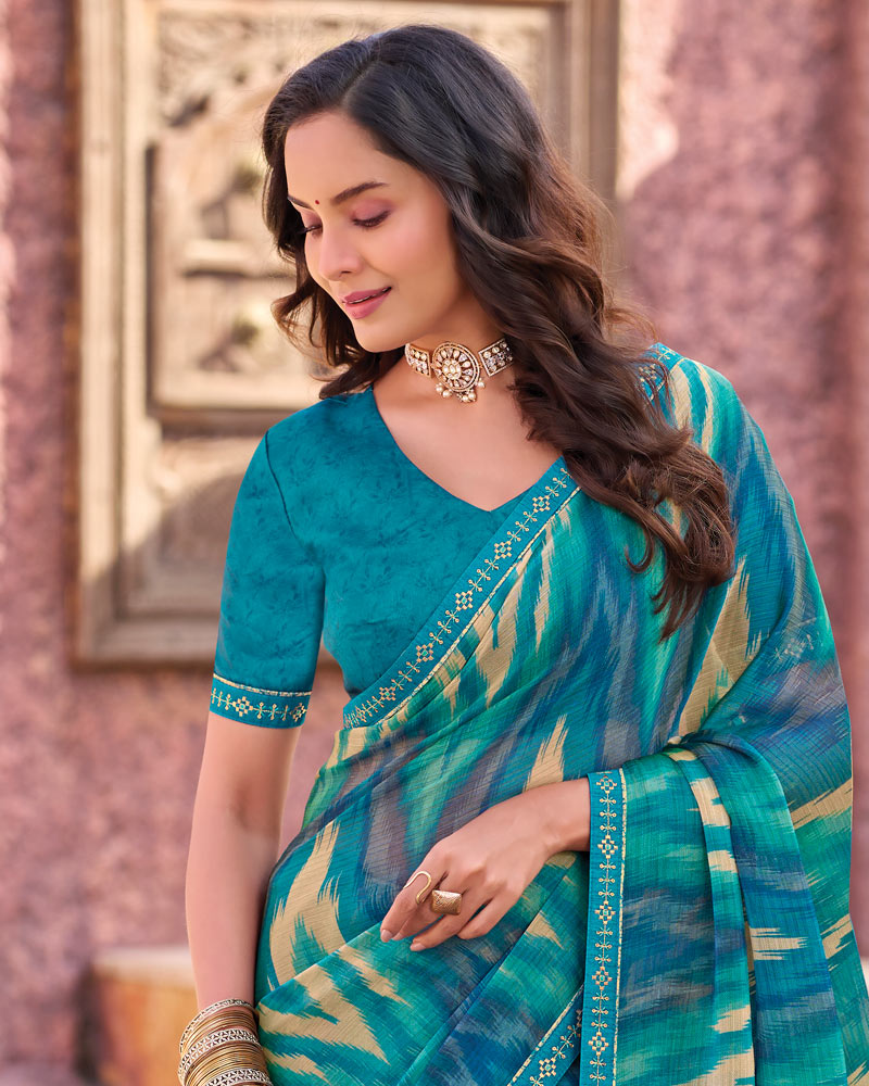 Vishal Prints Teal Green And Teal Blue Printed Chiffon Saree With Fancy Border
