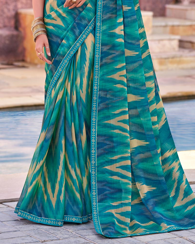 Vishal Prints Teal Green And Teal Blue Printed Chiffon Saree With Fancy Border