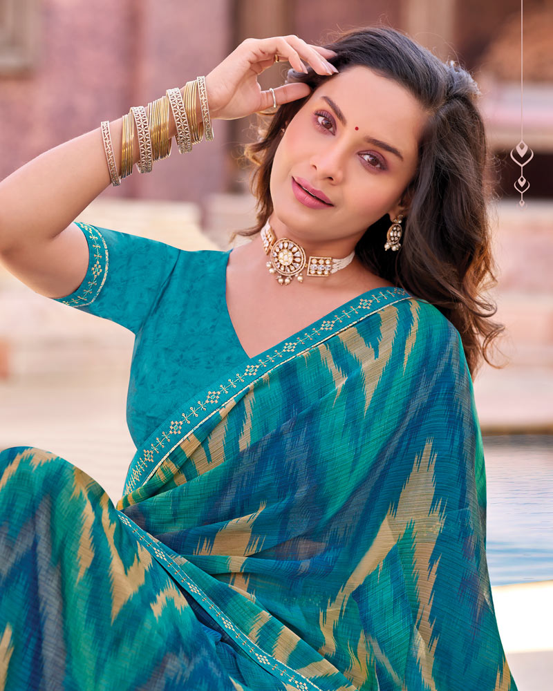 Vishal Prints Teal Green And Teal Blue Printed Chiffon Saree With Fancy Border