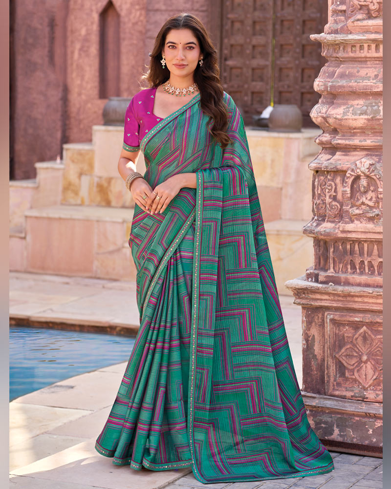 Vishal Prints Tropical Green Printed Chiffon Saree With Fancy Border