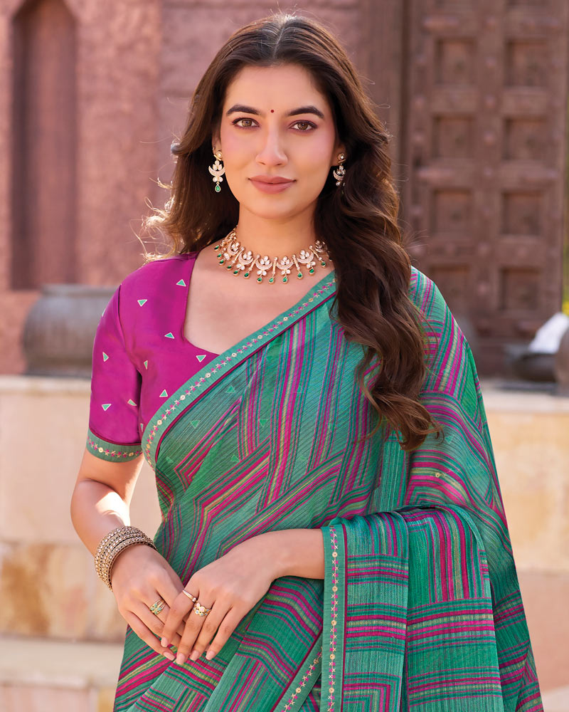 Vishal Prints Tropical Green Printed Chiffon Saree With Fancy Border