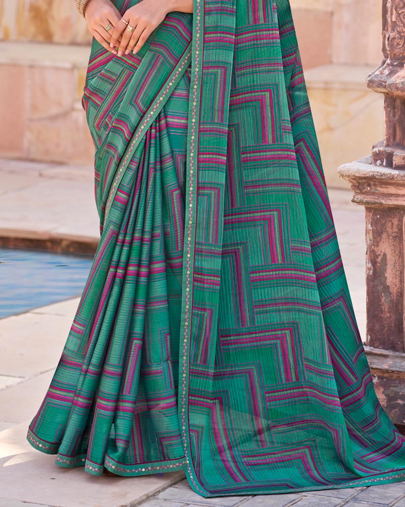 Vishal Prints Tropical Green Printed Chiffon Saree With Fancy Border