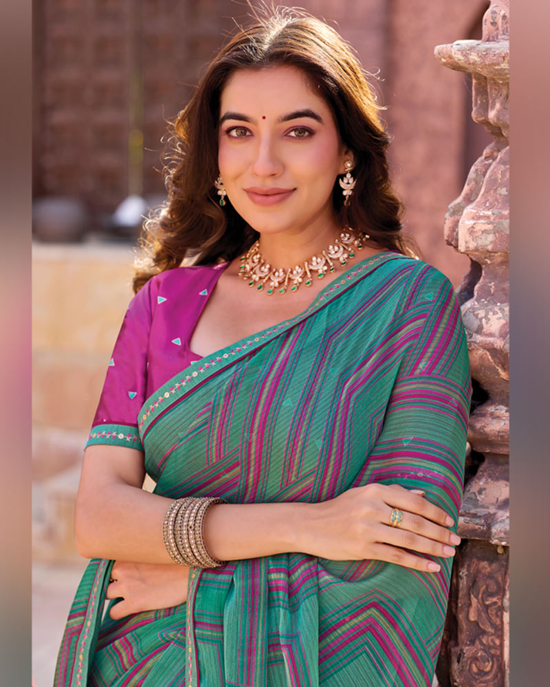 Vishal Prints Tropical Green Printed Chiffon Saree With Fancy Border