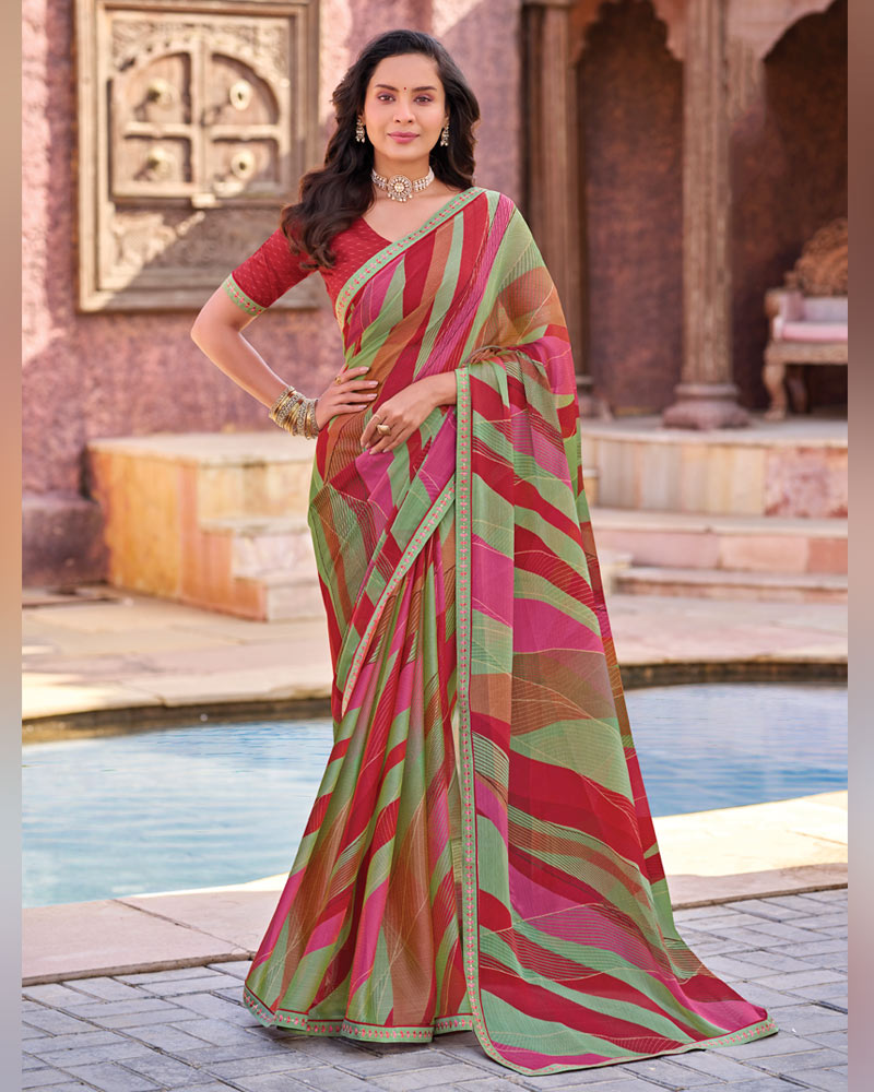 Vishal Prints Sage Green And Brick Red Printed Chiffon Saree With Fancy Border