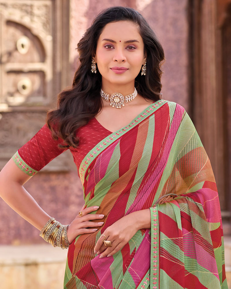 Vishal Prints Sage Green And Brick Red Printed Chiffon Saree With Fancy Border