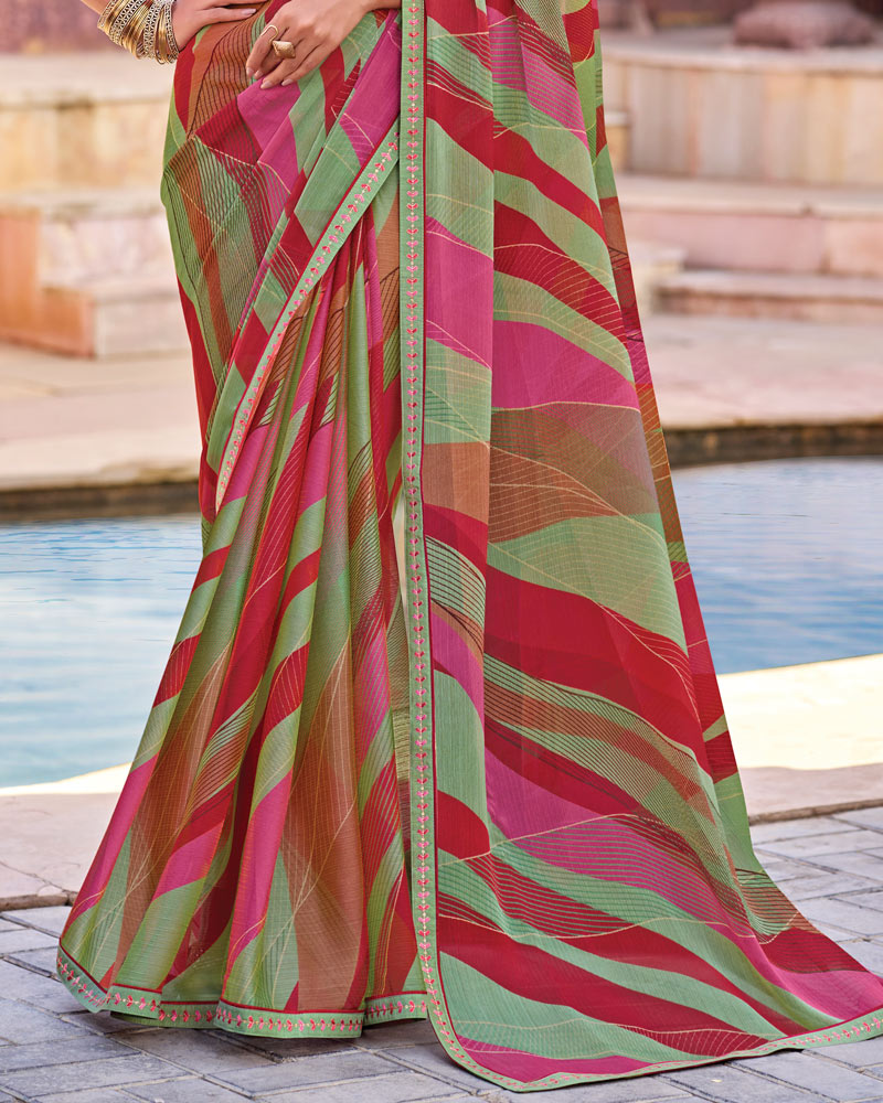 Vishal Prints Sage Green And Brick Red Printed Chiffon Saree With Fancy Border