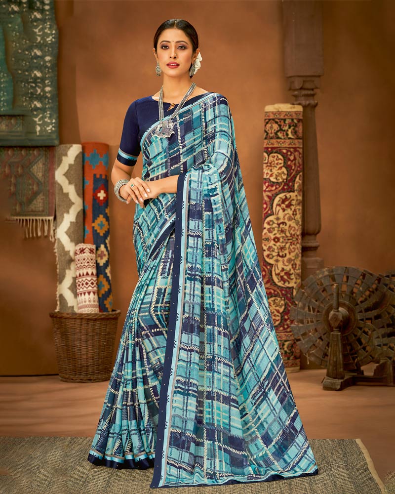 Vishal Prints Light Blue Printed Chiffon Saree With Fancy Lace Border