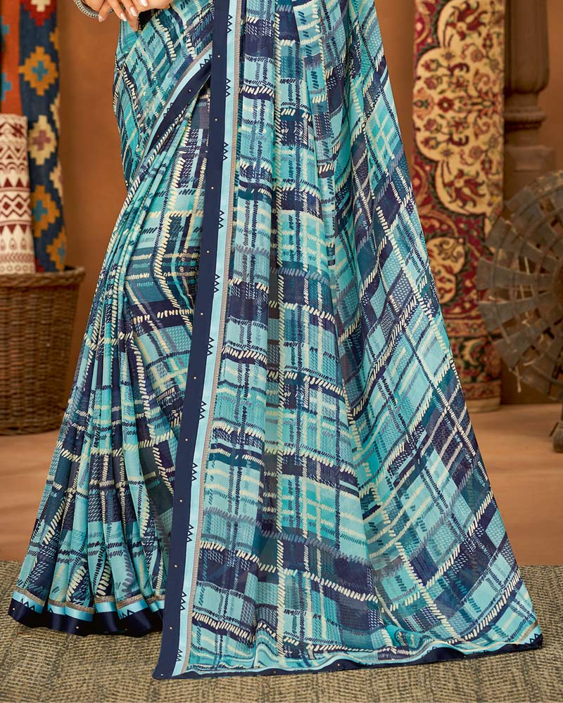 Vishal Prints Light Blue Printed Chiffon Saree With Fancy Lace Border