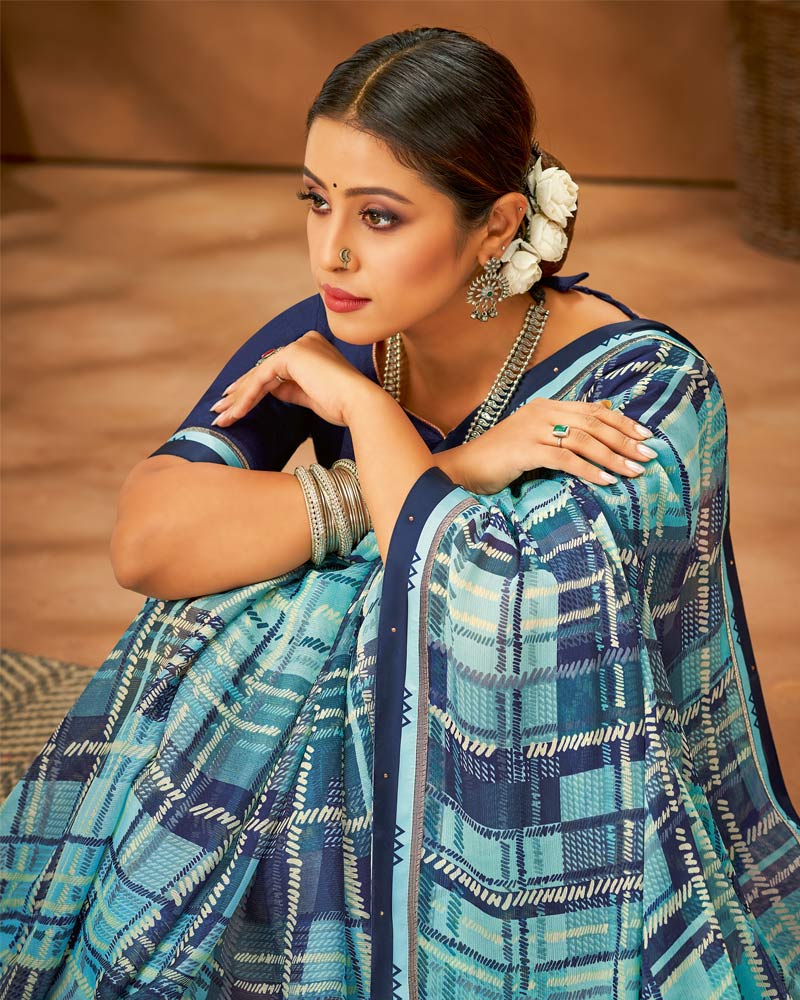 Vishal Prints Light Blue Printed Chiffon Saree With Fancy Lace Border