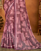 Vishal Prints Dark Mauve Printed Chiffon Saree With Fancy Lace Border